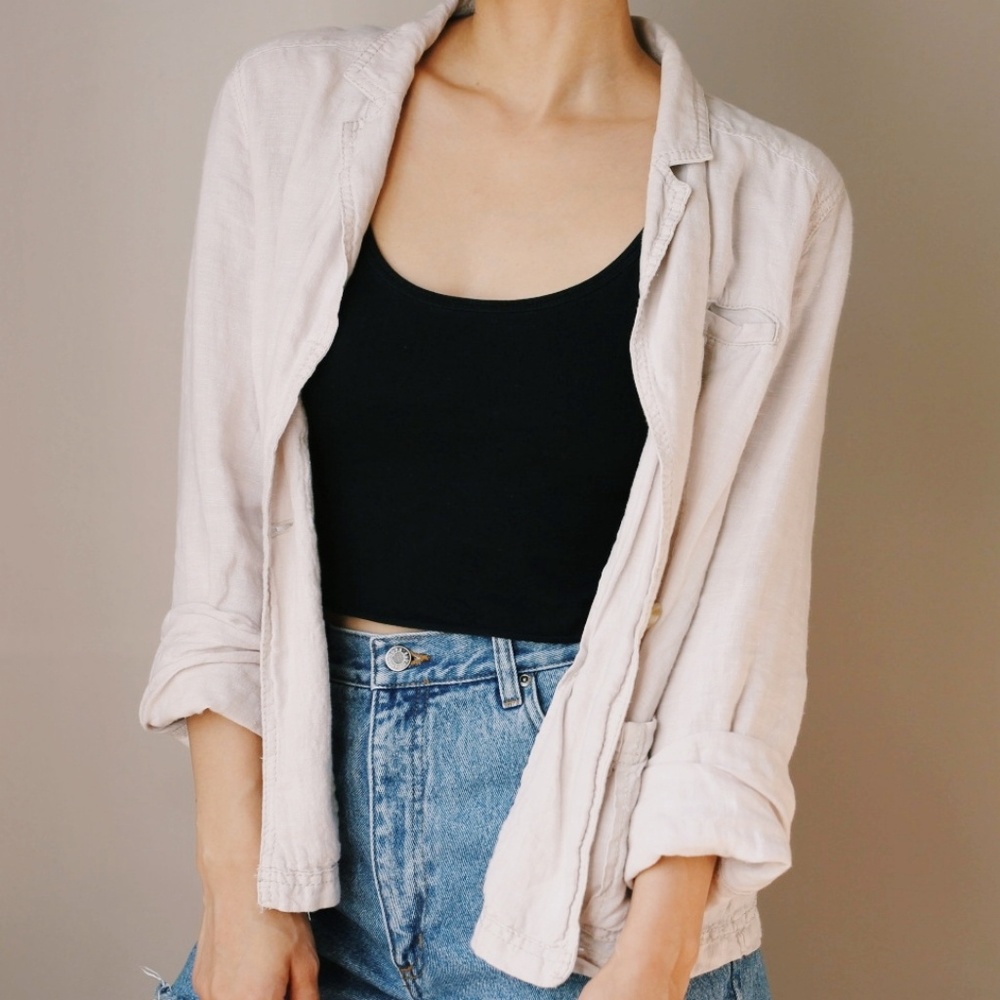 100% Linen One Button Blazer in Light Beige